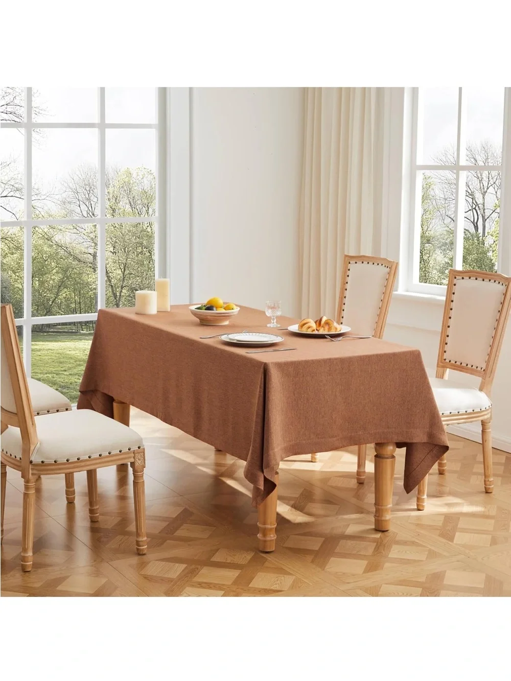 NEW Linen Textured Rectangle Heavyweight  Tablecloth, 60x104”. Caramel